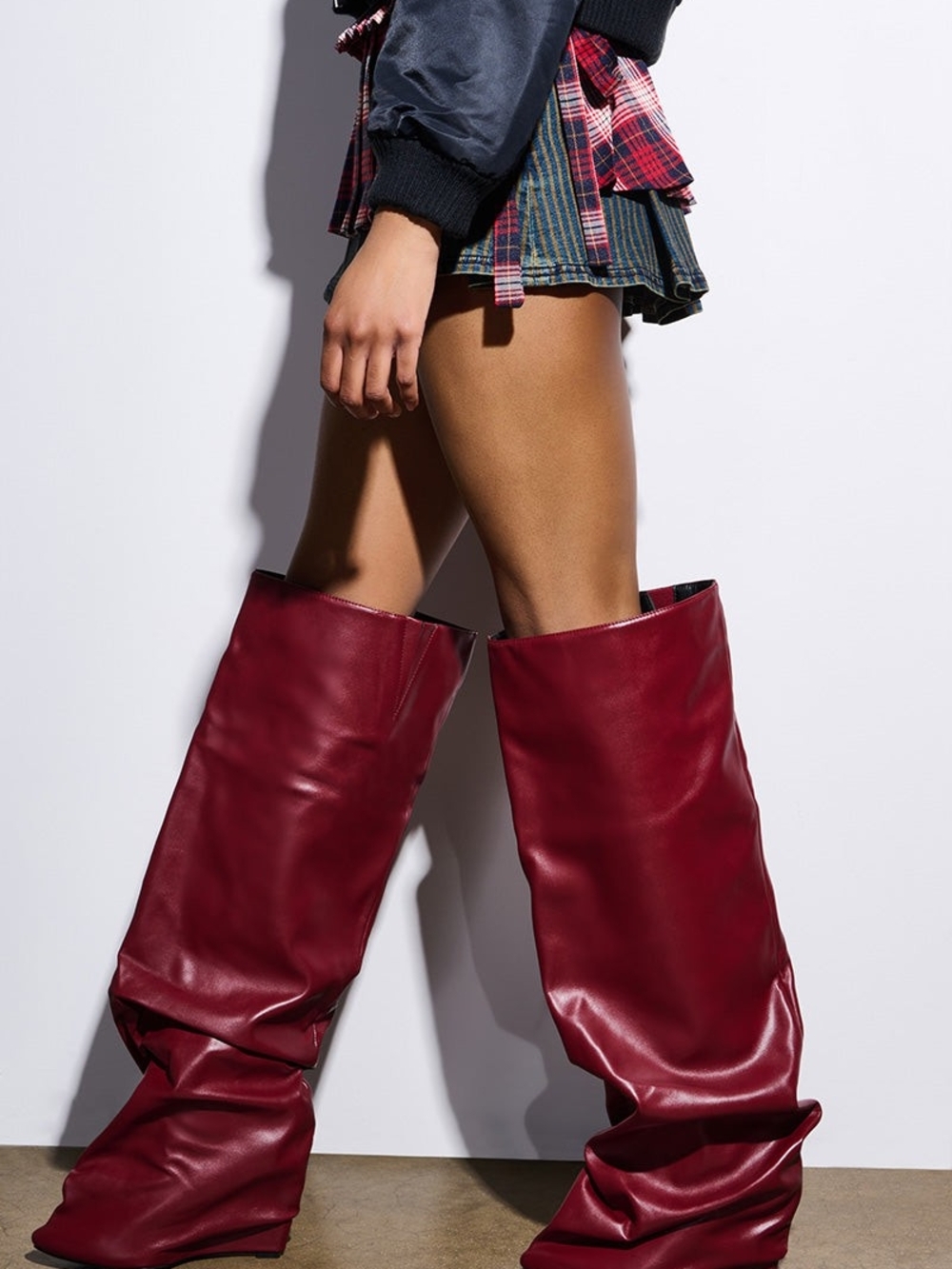 Slouchy Knee-High Wedge Boots in Burgundy